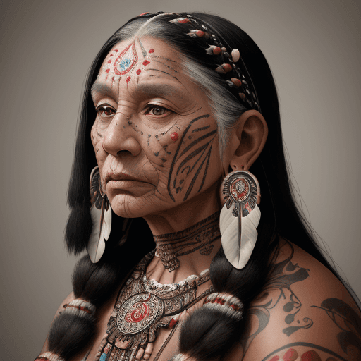 AI generated: A portrait of an extremely old  intricately detailed, Native American Indian Woman, intricate face t...
