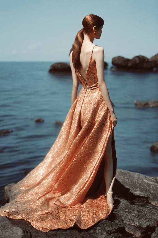 AI generated: looking over the shoulder of the copper long hair woman in a an elegant luxury dress designed by Dio...
