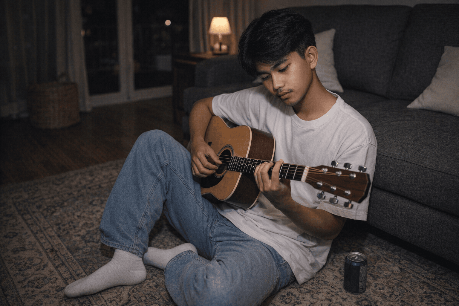 AI generated: Buat gambar sesuai dengan tema me, night and guitar. gunakan wajah asli dari foto referensi tanpa me...