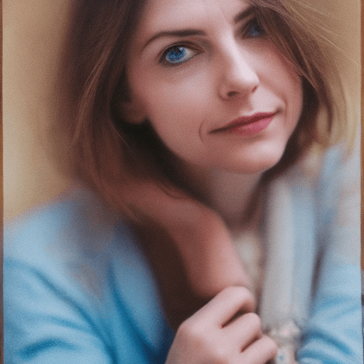 AI generated: colors, sharp light blue eyes, A soul-stirring close-up portrait of a woman, grins, her grace enhanc...