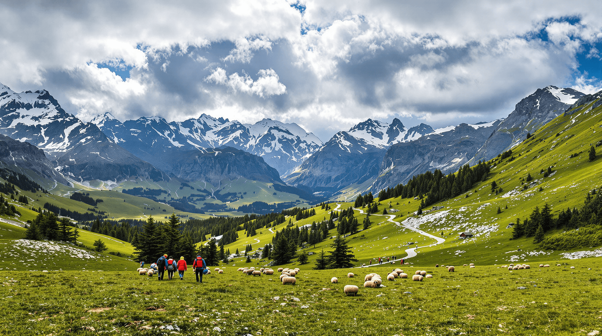 AI generated: Majestic snow-capped mountains, lush green alpine meadow, shepherds herding sheep, colorful traditio...