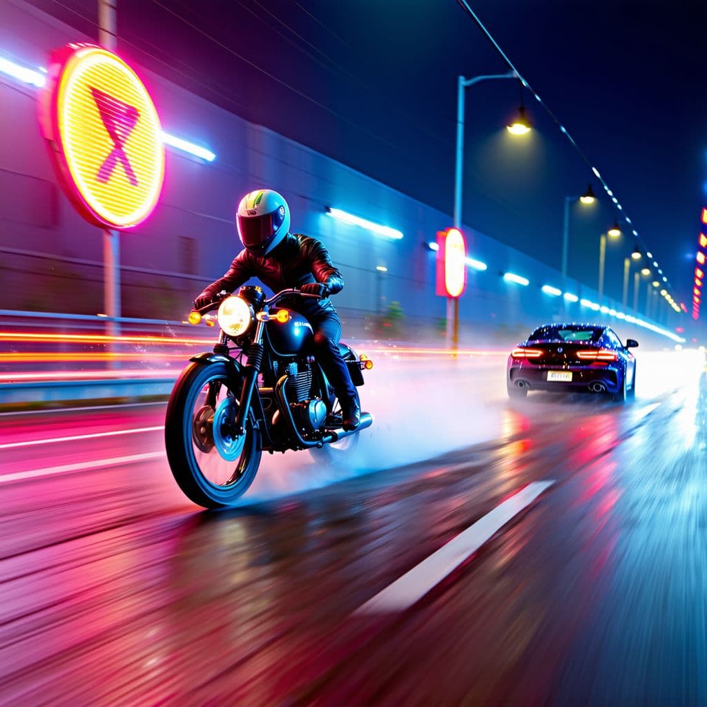 AI generated: The image depicts a surreal scene on a highway. A  MAN WITHOUT HELMET riding A MOTO  speeding down t...