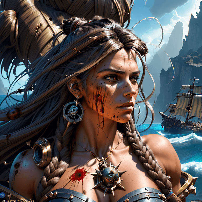 AI generated: portrait of the most beautiful stunning  powerful female pirate island girl  in the world, cosmic, e...
