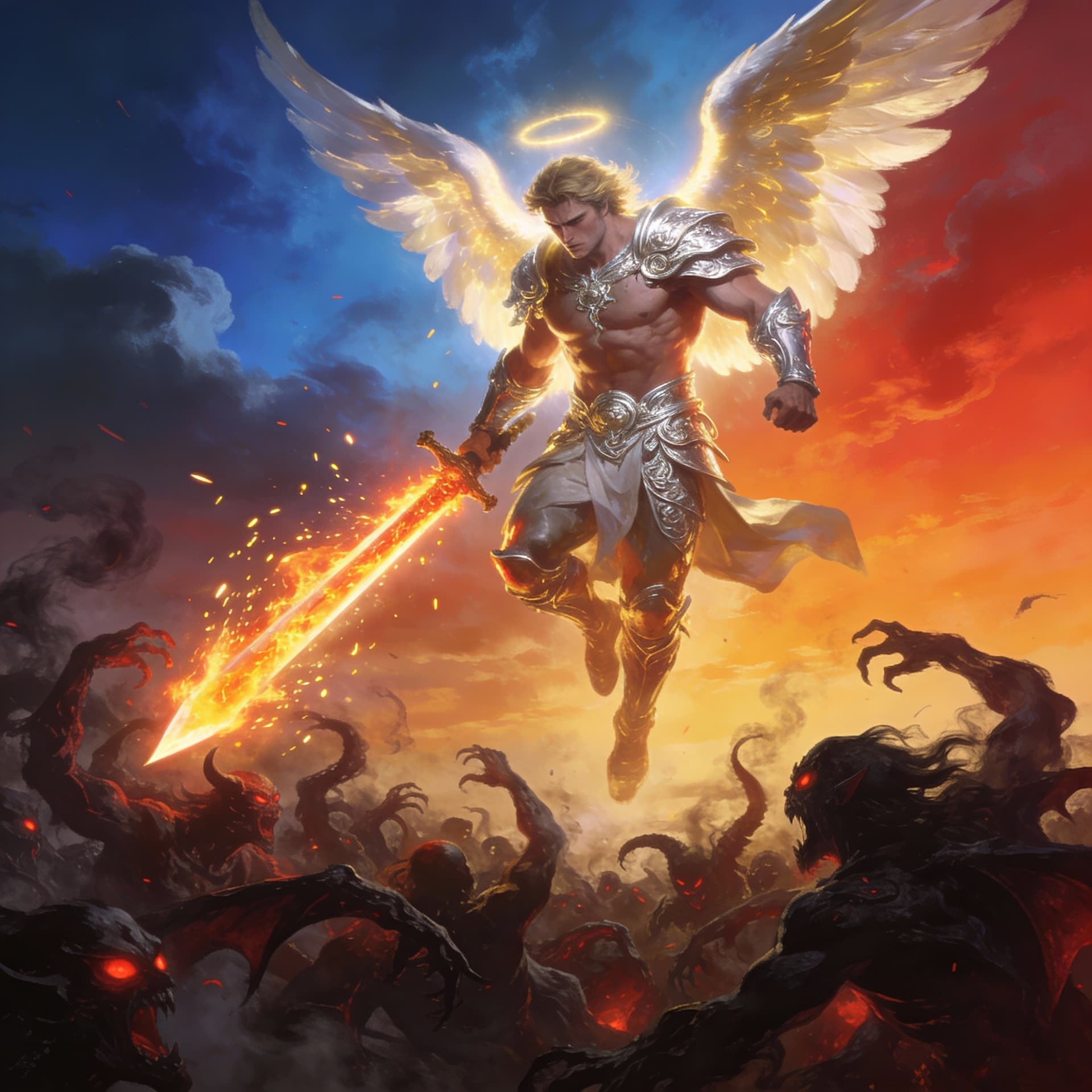 AI generated: the archangel micheal with his flaming sword in a wide open sky descending into a horde of demons