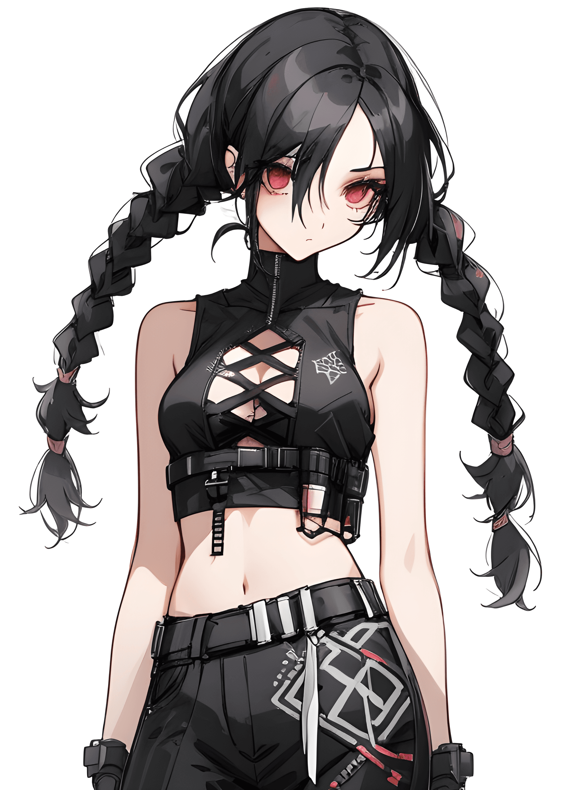 AI generated: a drawing of a woman with long black hair, cyberpunk art, pixiv, gothic art, wearing a cropped black...