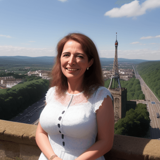 AI generated: Señorita de 30 años en llamada y sonriente en la torre eifel
