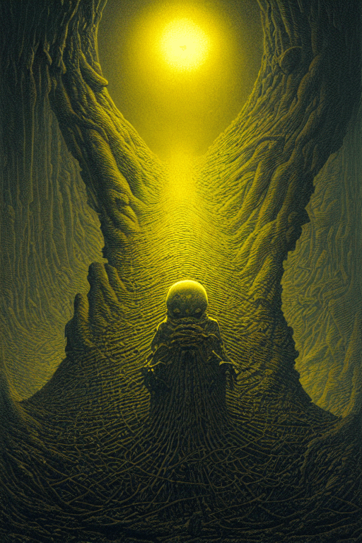 AI generated: The only thing they fear is you, yellow, logo, symmetry, Zdzisław Beksiński, Kim Jung GI, dan mumfor...