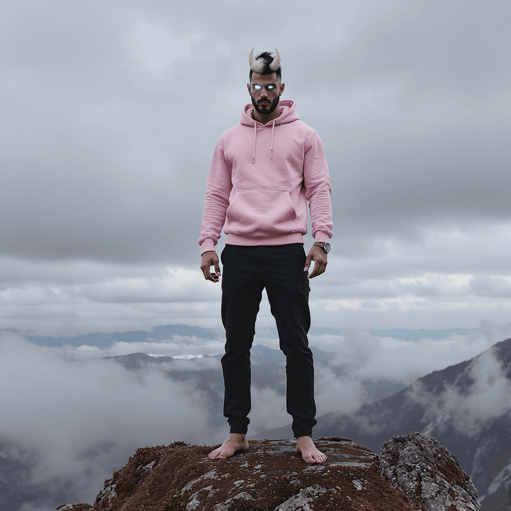 AI generated: A tall, muscular yet lean man stands on a moss-covered rock at the top of a mountain beneath a sky f...