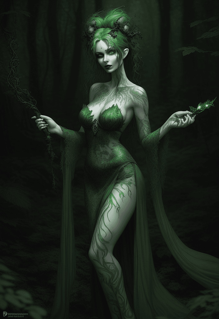 AI generated: A mysterious, green-haired dryad with piercing emerald eyes stands amidst a dark, mystical forest, h...