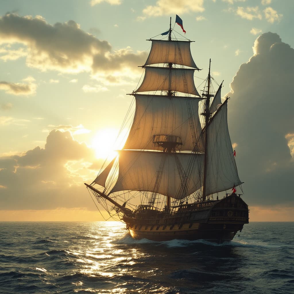 AI generated: Photo of a ultra realistic sailing ship, dramatic light, pale sunrise, cinematic lighting, battered,...
