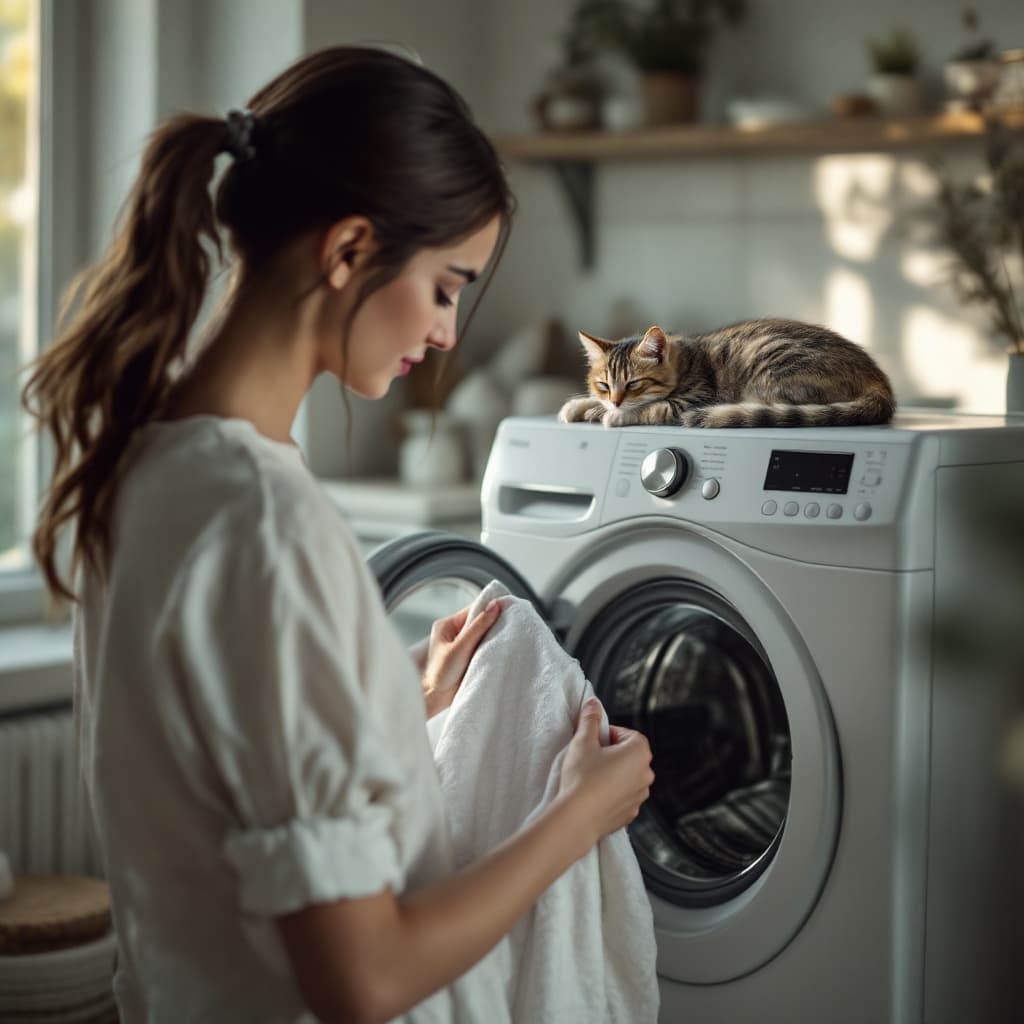 AI generated: A woman is taking out clothes after washing them in front of a front-load washing machine. A cat was...