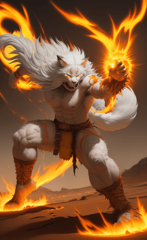AI generated: Long fur stood up like the flames of a white cat warrior, fighting at war, extrame rage, berserk, ch...
