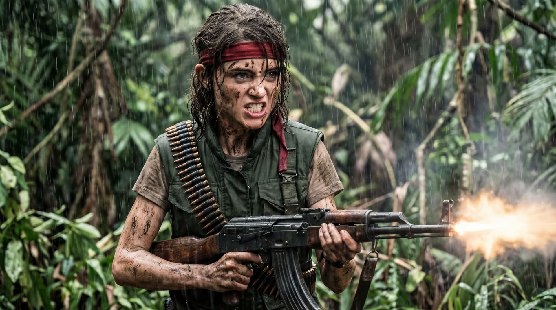 AI generated: Turn Nancy Wheeler into Rambo with guns and raging teeth. Shooting Ak 47 in a jungle filled with mud...