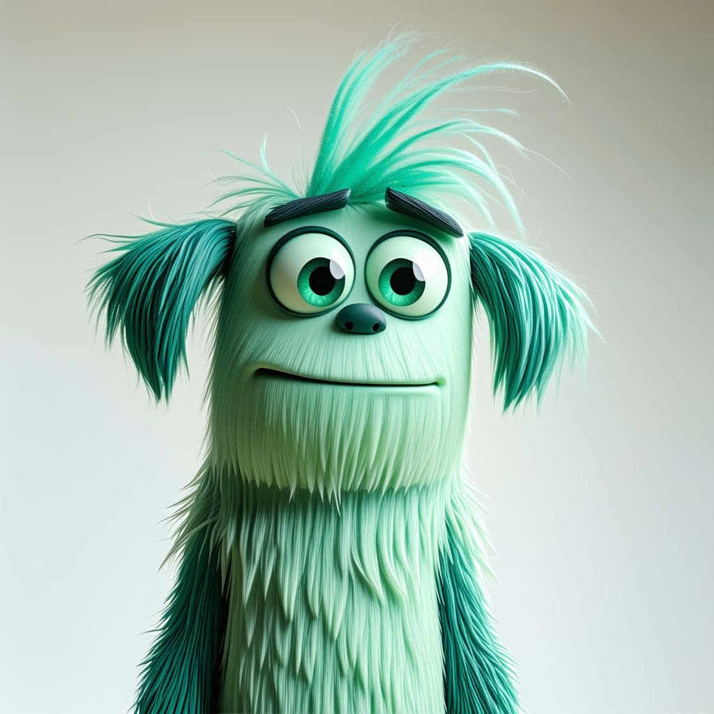 AI generated: human size, friendly monster ,big puppy like eyes, standing, shaggy light green /mint color fur, car...