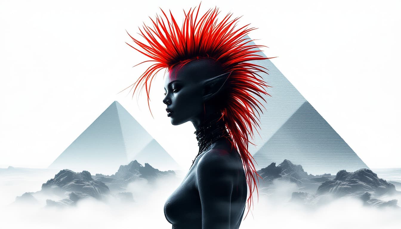 AI generated: Double Exposure illustration: A silhouette of a beautiful, slim and fit, stunning Alien obviously fe...