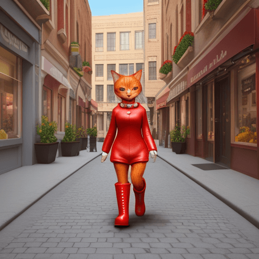 AI generated: 3D photo of a cute red cat dressed in colored boots walking around the city , realistic , colored ,