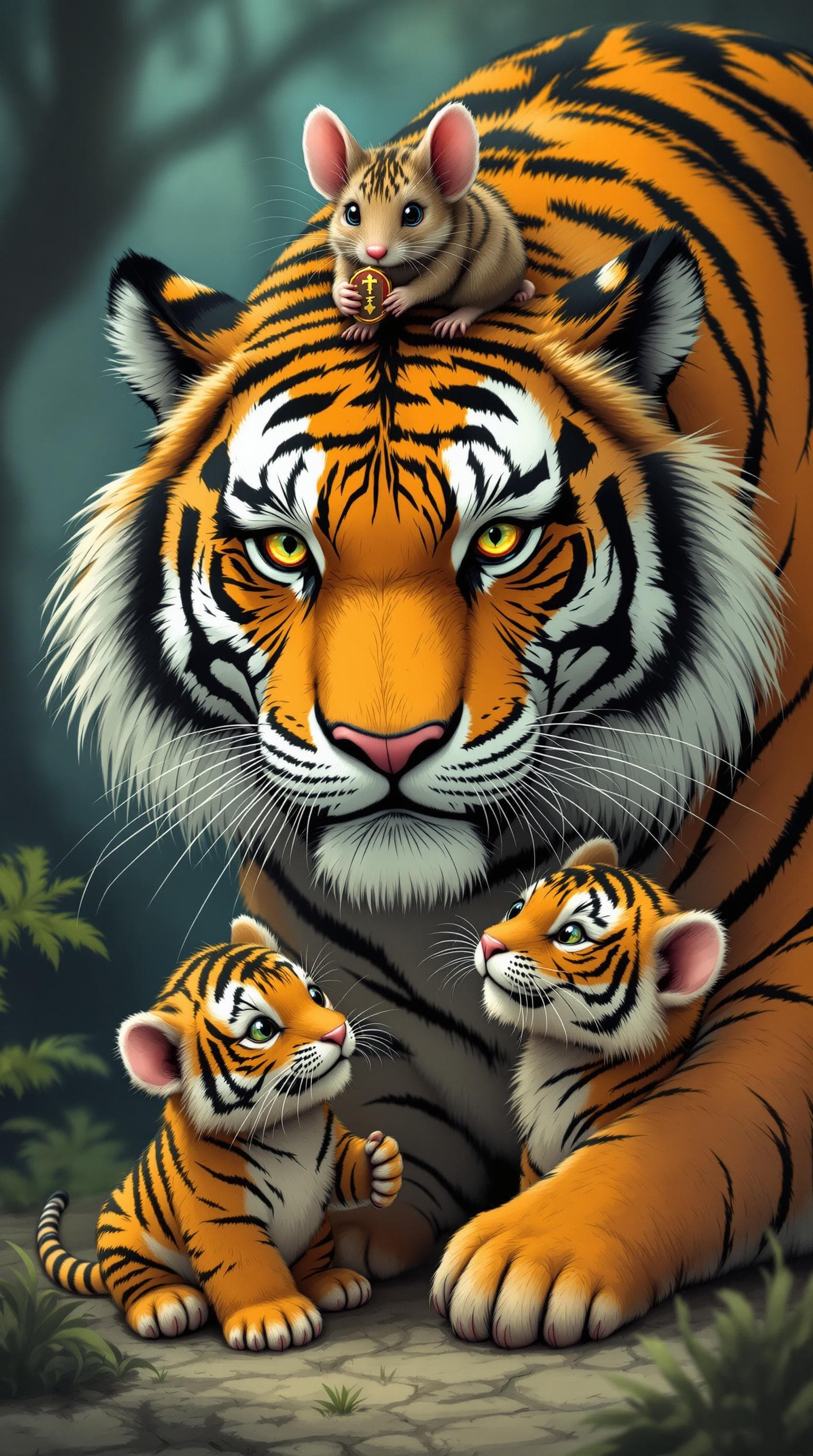 AI generated: a tiger and two tiger cubs, and a oversized mouse ,with a mouse on the tiger's head, the mouse holdi...