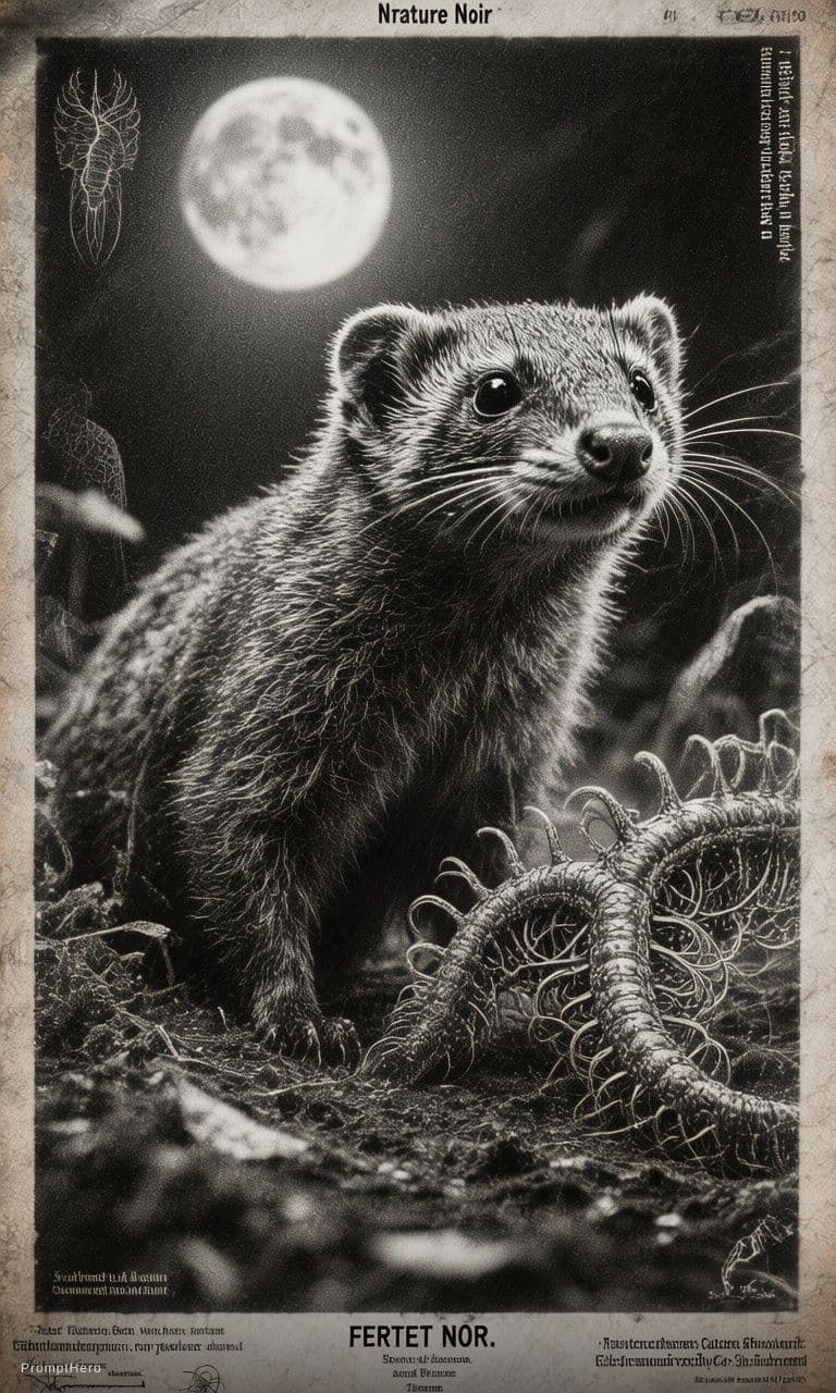 AI generated: A page from a 1966 biological almanac, Nature Noir aesthetic. High-contrast black and white, 70mm fi...