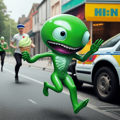 AI generated: Realistic green Alien running away with ice-cream and running past the police