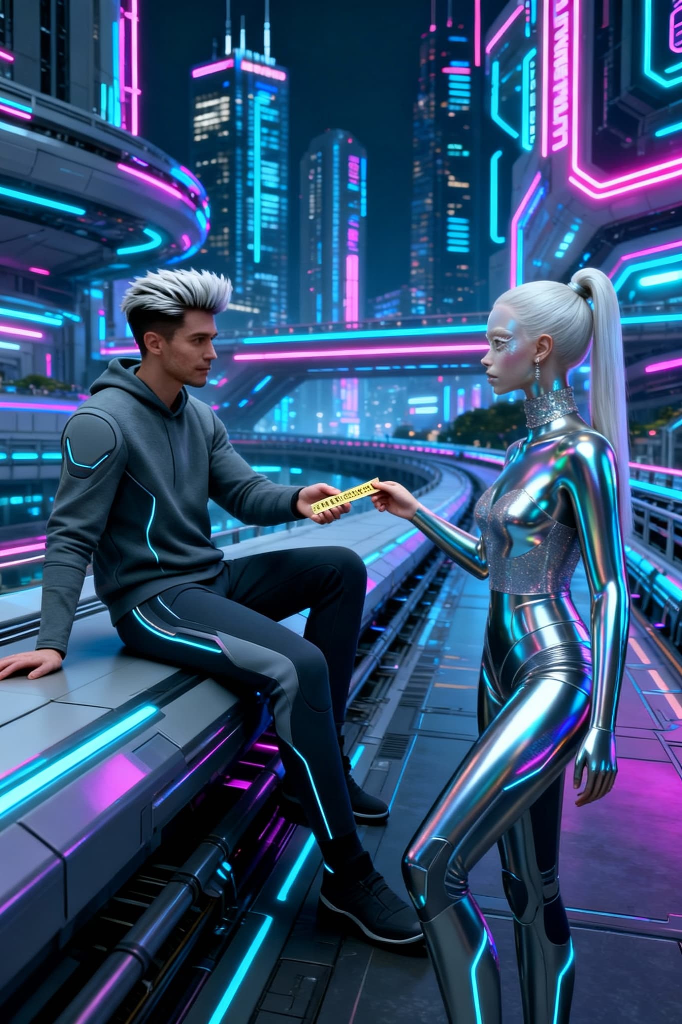 AI generated: Show a futuristic society in the exchange of goods and services for Hand-held Uniantum strips, with ...