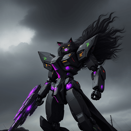AI generated: Create an image of a giant black medium long-haired cat with glowing purplish-green eyes, wearing a ...