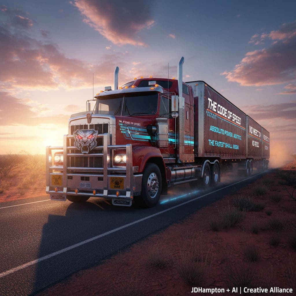 AI generated: Road Train Northern Territory Australia, rumbling along the Stuart Highway at sunrise in Central Aus...