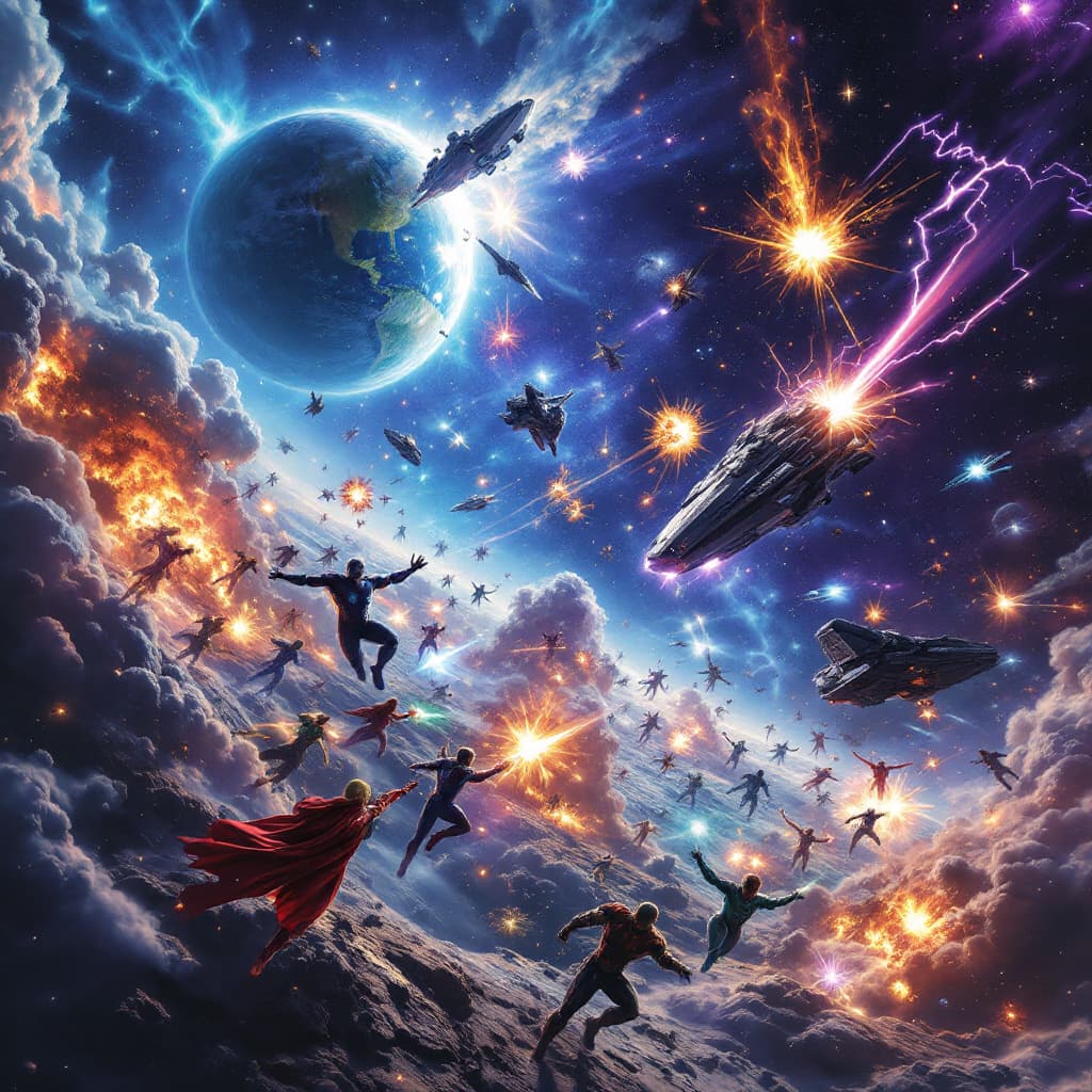AI generated: "A massive intergalactic battle unfolds in deep space, with Earth's greatest heroes fighting alongsi...