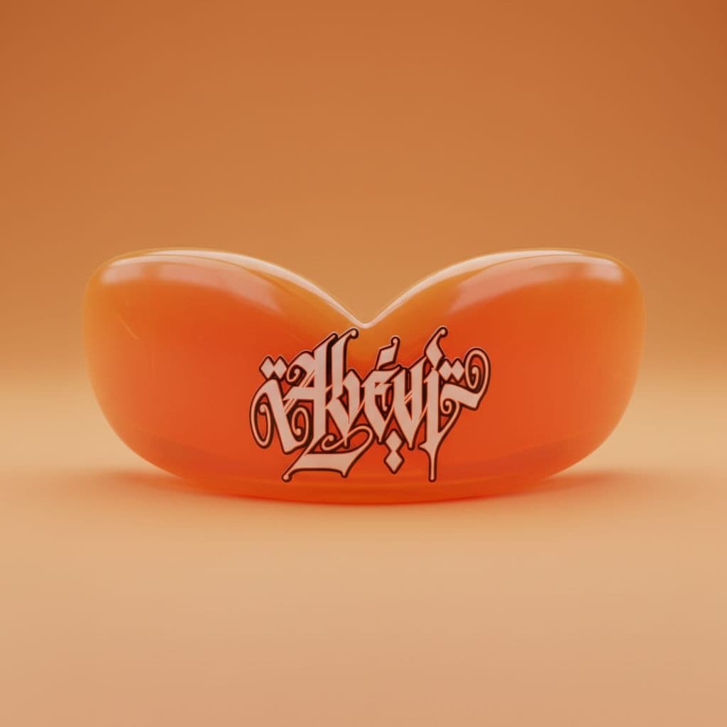AI generated: PUT THIS LOGO IN THE MIDDLE ON A 3D HIGH QUALITY ORANGE MIXED MARTIAL ARTS MOUTHPIECE  RENDERING, FR...