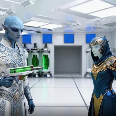 AI generated video: A pristine futuristic laboratory filled with rows of glowing green containment pods.

A tall alien h...