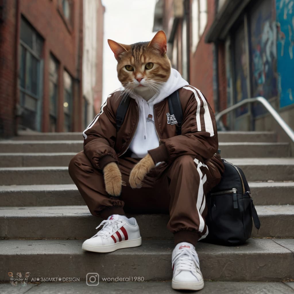 AI generated: anthropomorphic, a cat named ”street style KOL kitty” wearing dark brown flight jacket, and white sn...