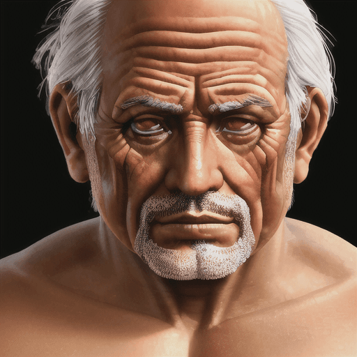 AI generated: Realistic image of a human looking at the camera, serious, a little sad, tired, with the face of an ...