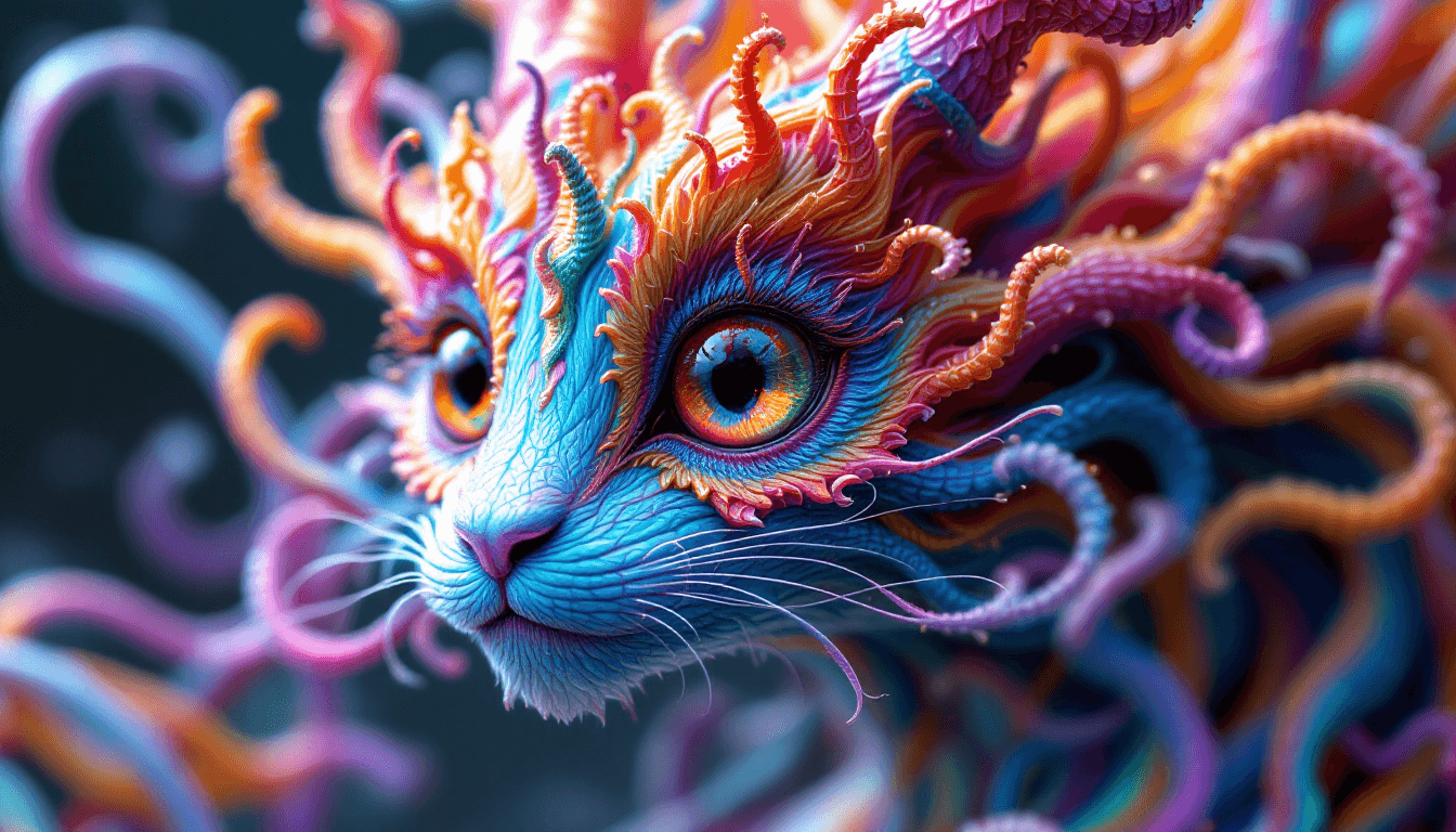 AI generated: close up dof render of a mythical creature made of detailed spiraling fractals and tendrils, detaile...