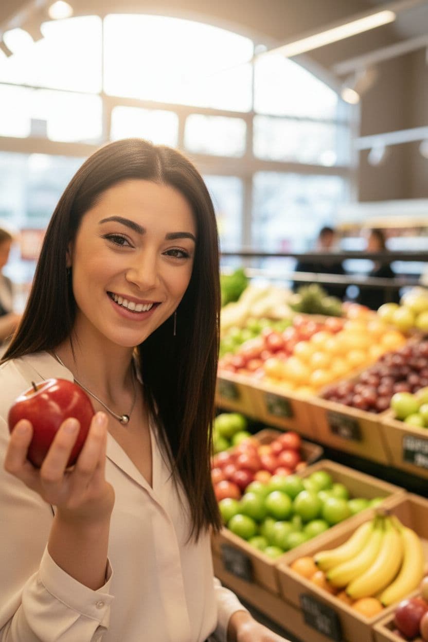 AI generated: woman, at a grocery store, choosing fruits, sunny smile, close-up