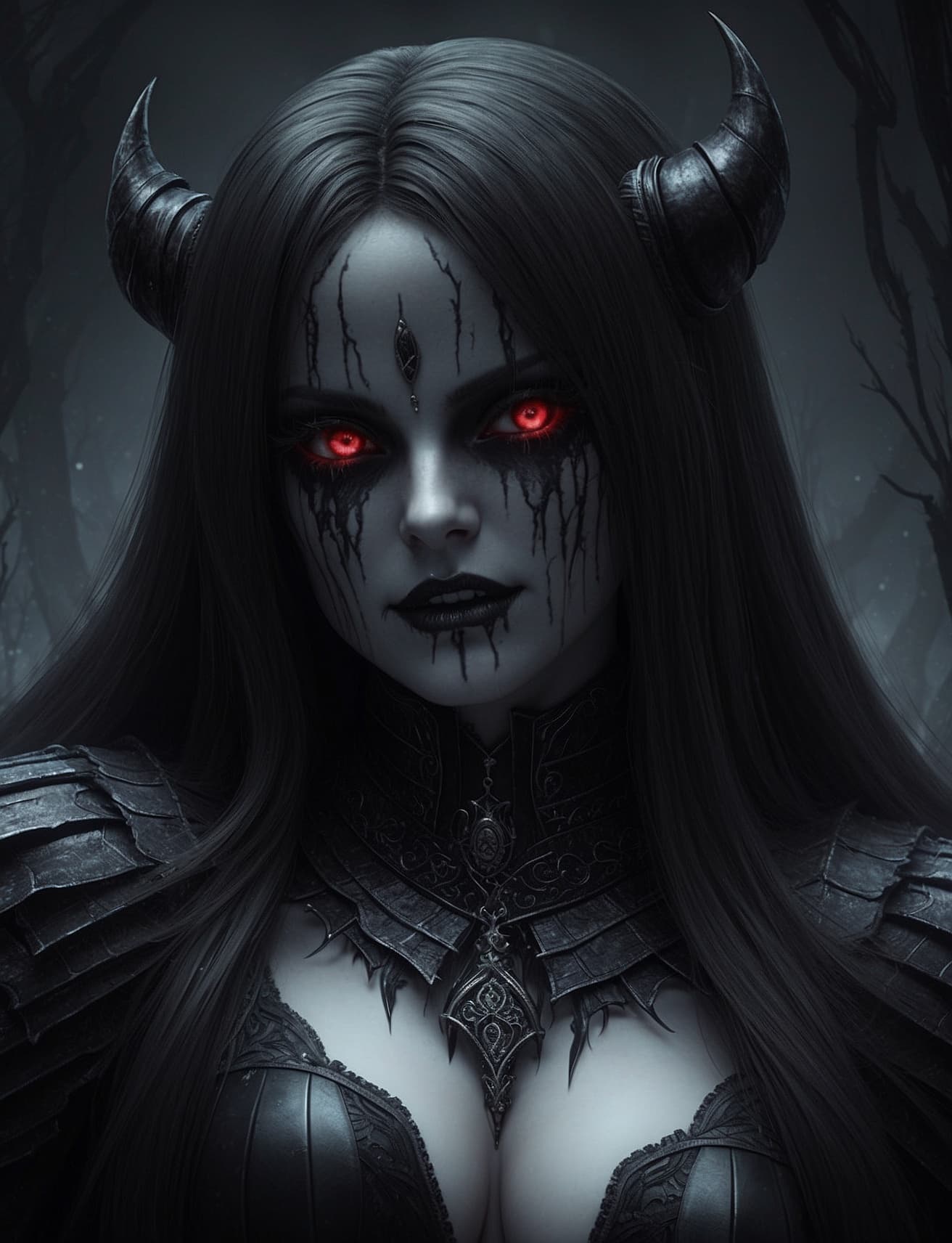 AI generated: "Create a photorealistic image of a terrifying female demon from the underworld. Pay meticulous atte...