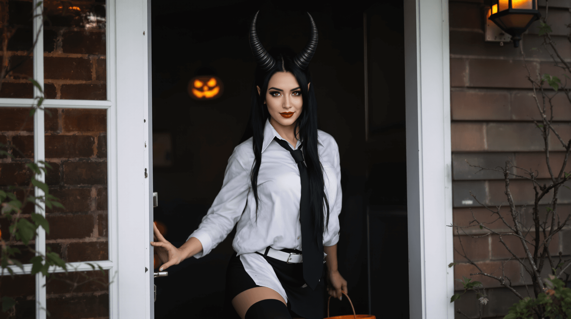 AI generated: Photo of a Halloween scene. You open the front door and see a women in her late 20. She's dressed in...