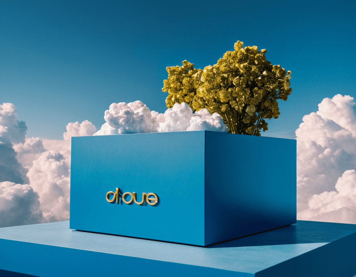 AI generated: Product photography, beautiful blue podium for product, super detalised and fashion, with puffy clou...
