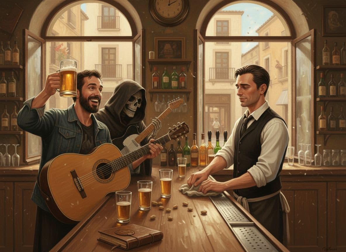 AI generated: Dame la foto de referencia pero con un giro de cámara de 180 grados. Se ve al camarero. Mantén a los...