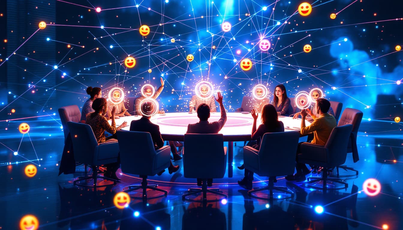 AI generated: /imagine prompt: Floating digital roundtable in cyberspace, 12 avatar participants with real-time em...