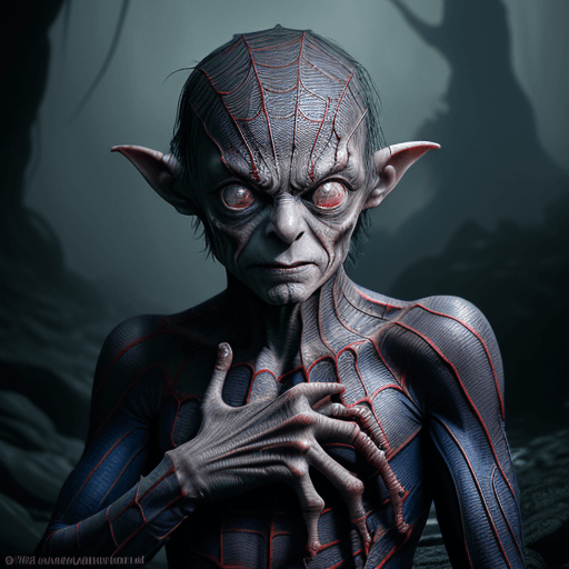 AI generated: glamour shot of Gollum, real spiderman costume ,Lord of rings, John Tolkien, morbide, dark, very det...