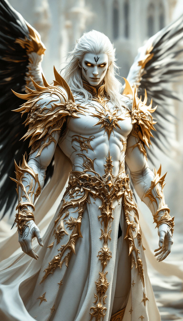 AI generated: all white, white final fantasy, male, mage, priest, white body skin, fantasy big white color full bo...