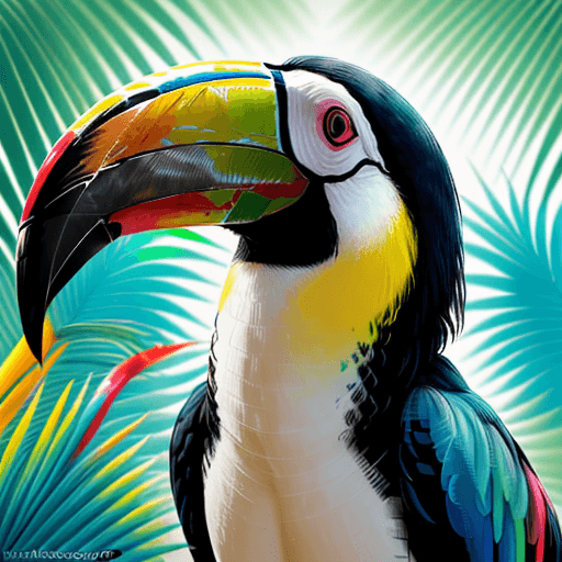 AI generated: Freeze the vibrant and exotic face of a toucan, focusing on the colorful beak and the curiosity in i...