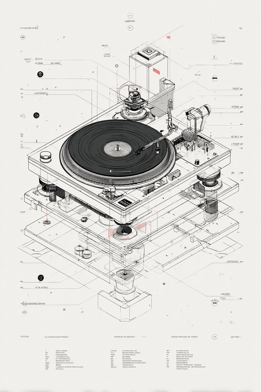 AI generated: technical isometric exploded-view diagram of vinyl turntable, consistent lineweight blueprint with p...