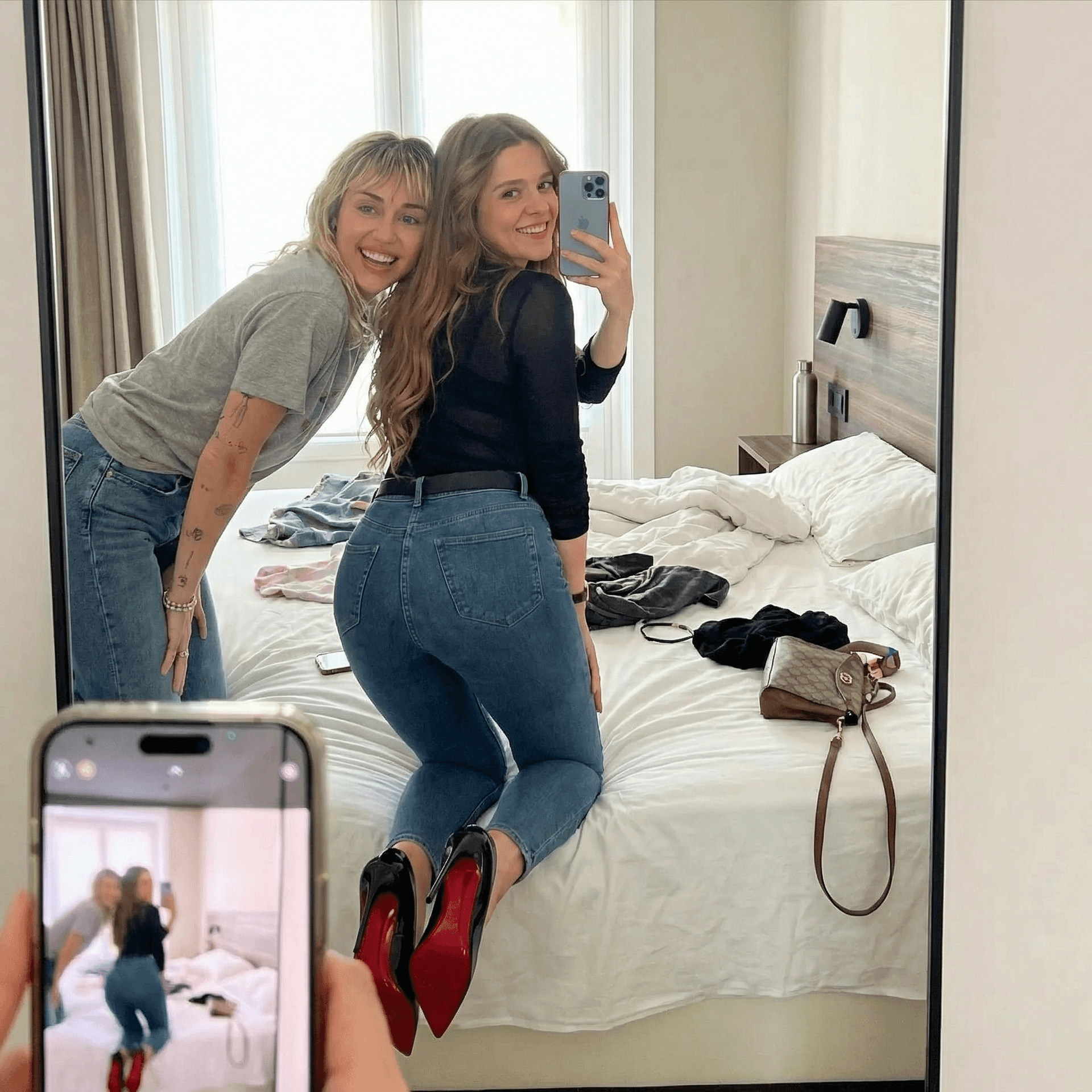 AI generated: At Home, bedroom, mirror Selfie from behind showing sexy pose with miley Cyrus 