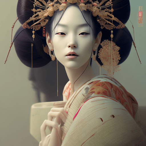 AI generated: High resolution photography, An art piece of a beautiful geisha, looking over her shoulder, detailed...