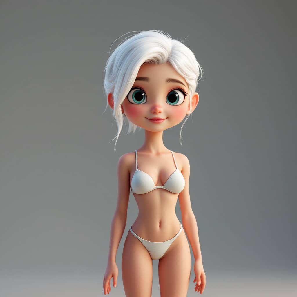AI generated: 3D image, a cute girl with white hair with light skin in a swimsuit stands at full height, in Pixar ...
