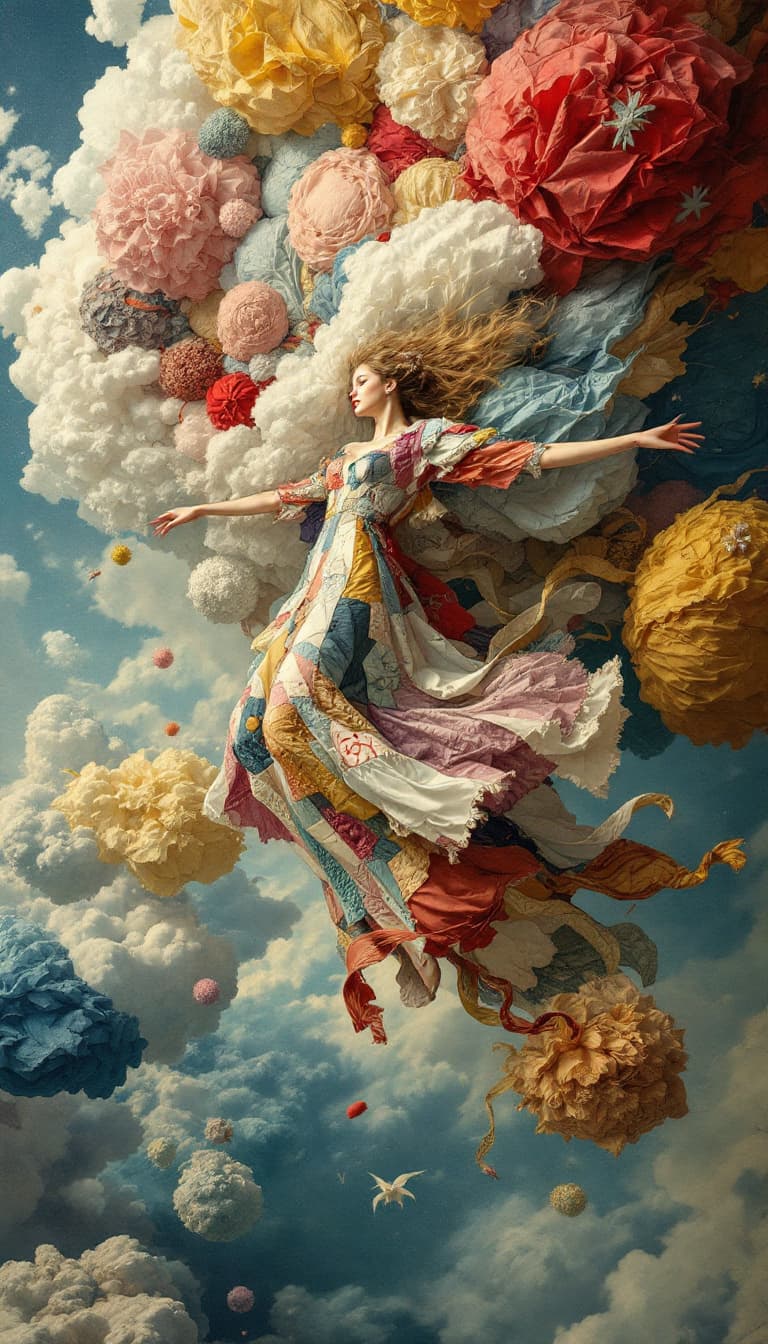 AI generated: 8. A surreal, full-body depiction of a woman gliding through a sky of floating islands made of diffe...