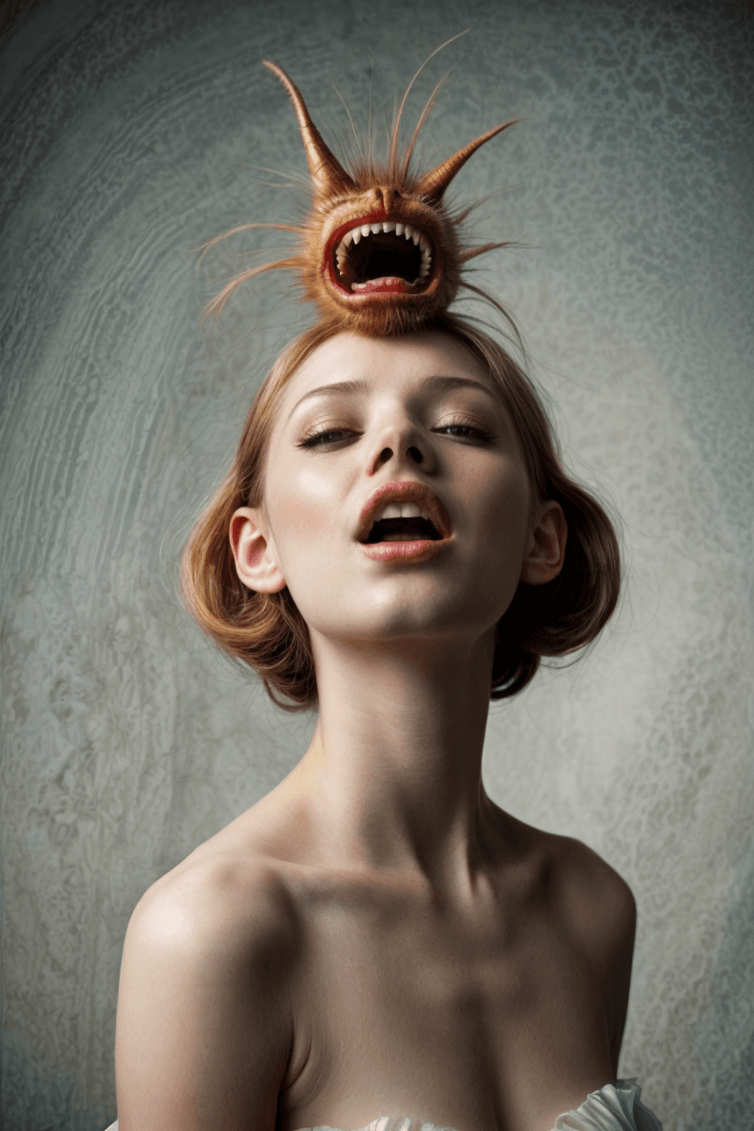 AI generated:  a woman with monsterhair on her head, who is screaming. Her mouth is open, and her eyes are wide. T...