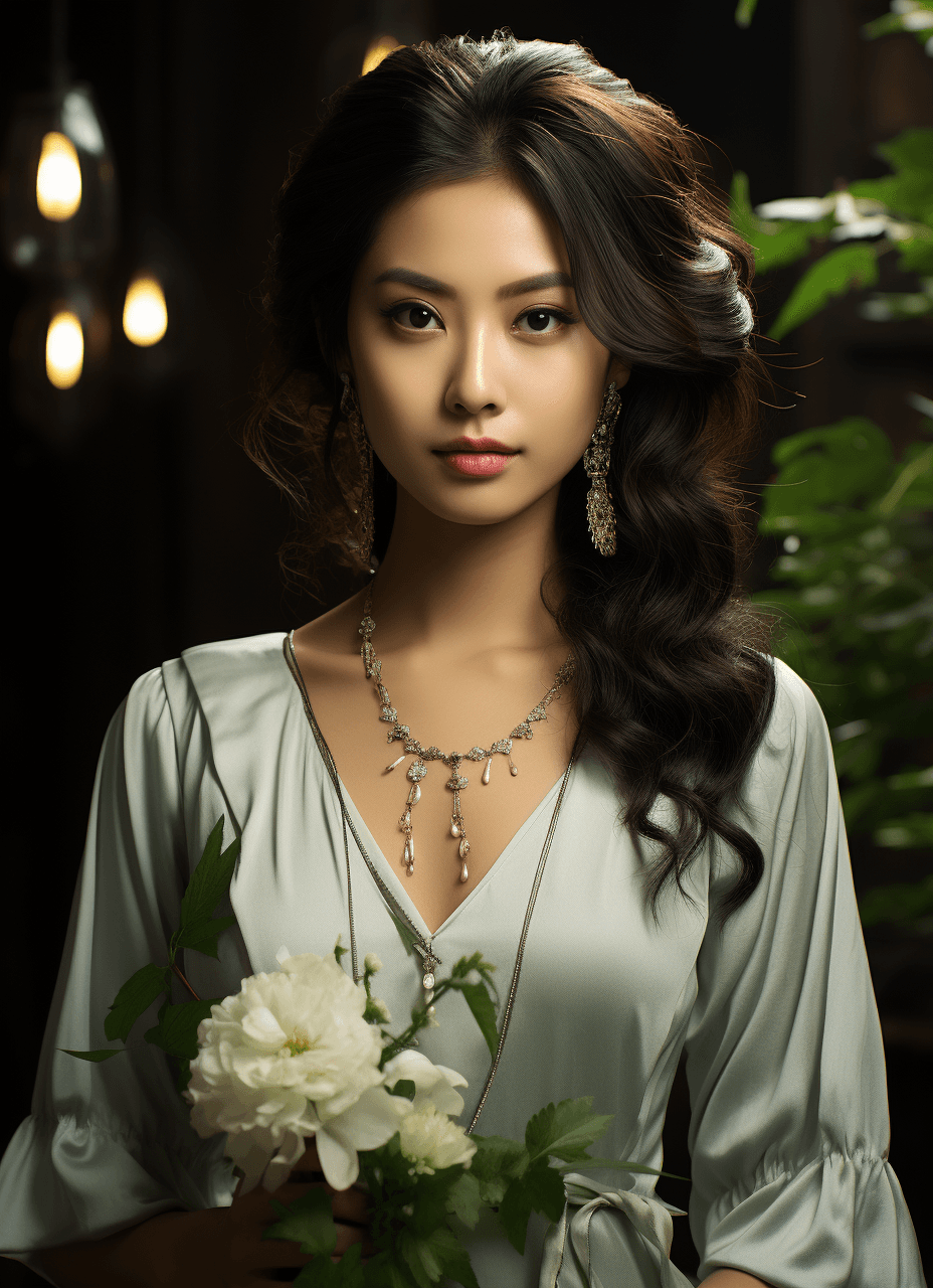 AI generated: asian women model in white dress, in the style of zhichao cai, light green and light brown, magewave...