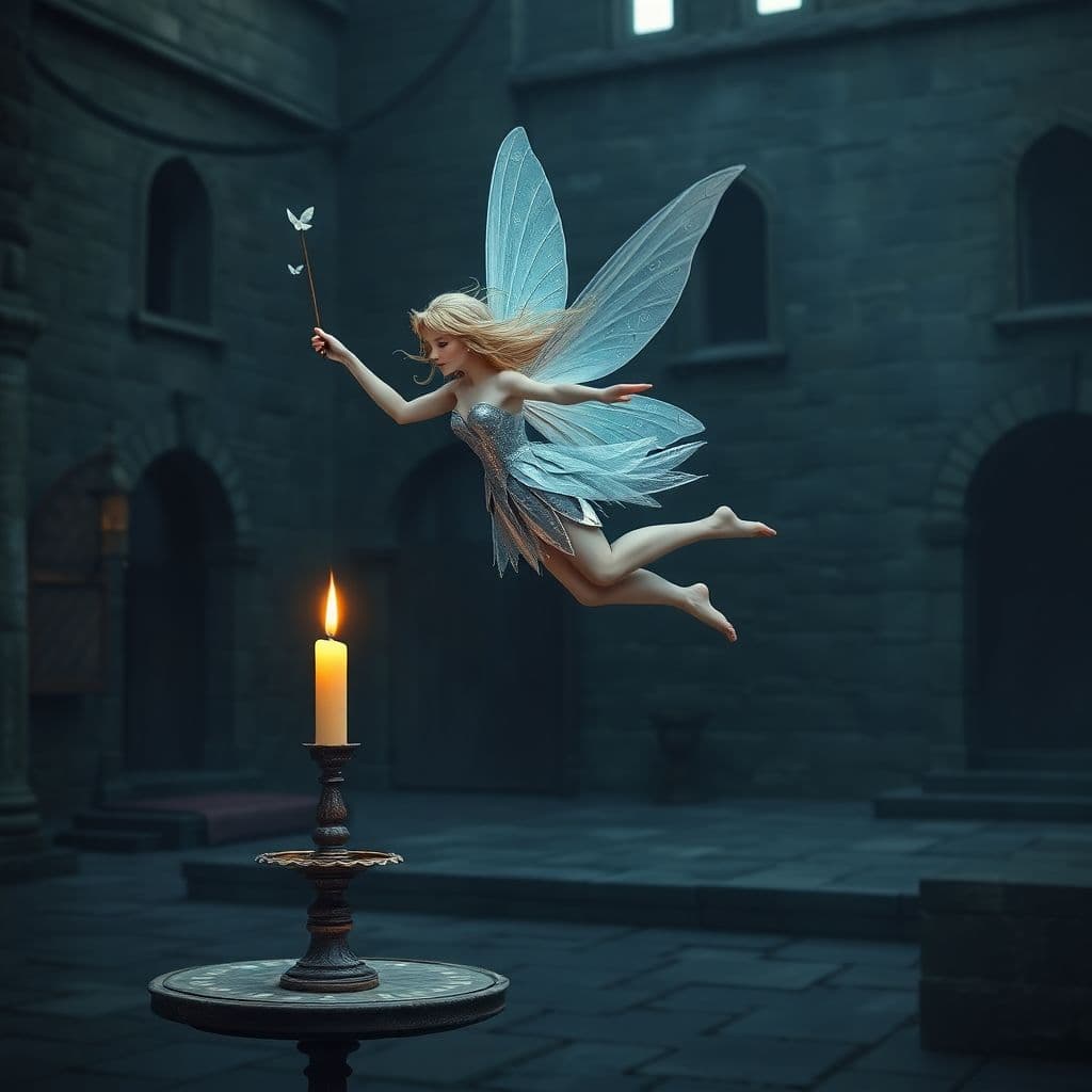 AI generated: A beautiful flying Fairie in a shimmering sliver costume with a wand in her hand floats effortlessly...