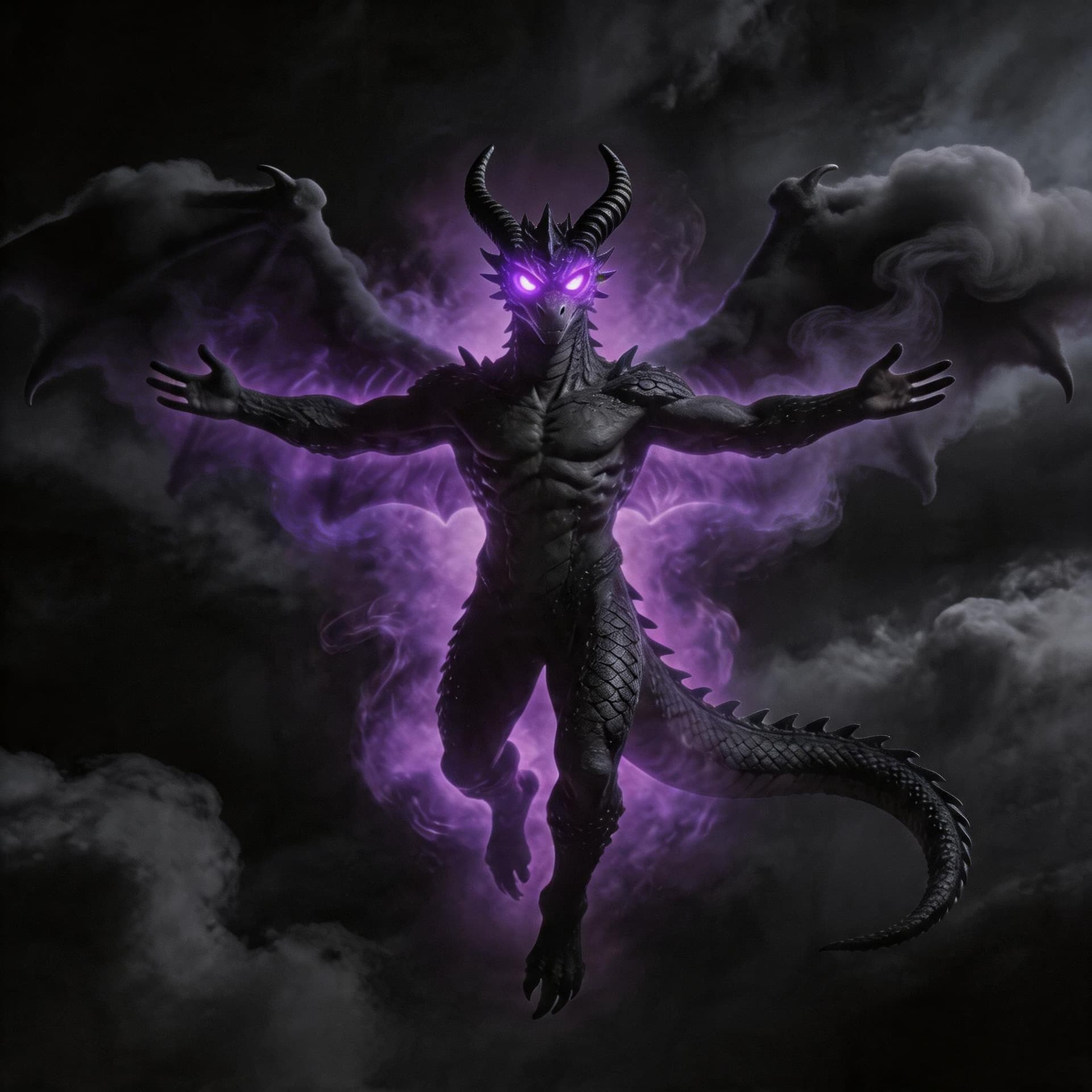 AI generated: Change the wings to have a black cloud look and make the horns black as well and make his eyes glow ...